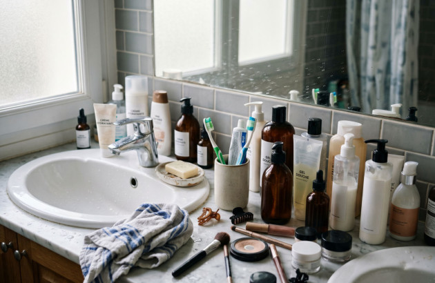 Salle de bains pleine de produits qui manque de rangement
