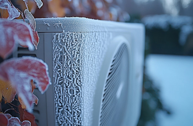 Unité extérieure de climatisation recouverte de givre pendant une période de grand froid.