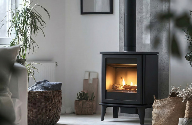 Poêle à bois noir avec mur carrelé effet pierre dans intérieur cosy