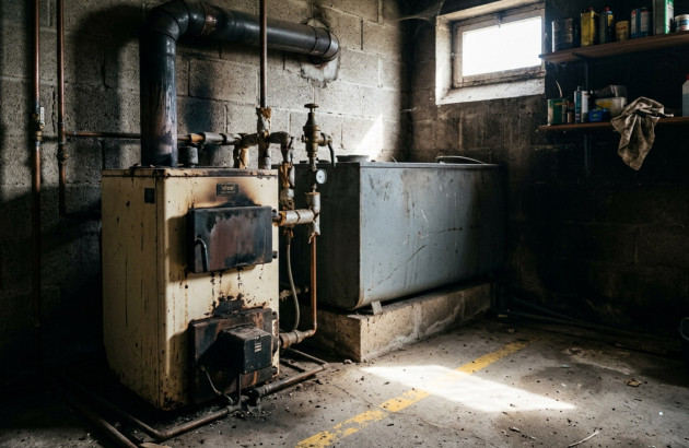 Ancienne chaudière au fioul avec cuve de stockage installée dans un local technique.