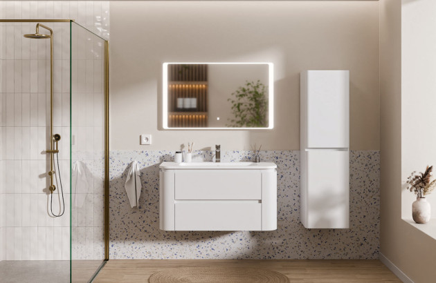 Meuble vasque suspendu blanc aux lignes arrondies avec miroir lumineux et colonne murale.