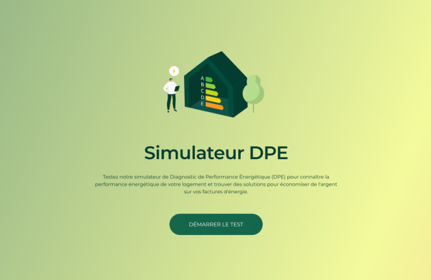 Écran “Simulateur DPE” avec bouton de démarrage, outil pour estimer la classe énergétique d’un logement.