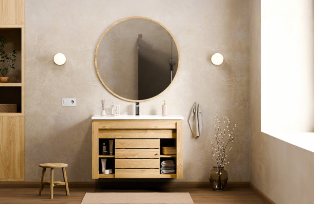Meuble de salle de bains en chêne avec tiroir, porte et niche de rangement