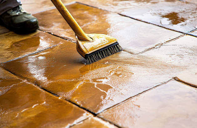 Homme qui passe le balai pour nettoyer les carreaux de carrelage endommagés