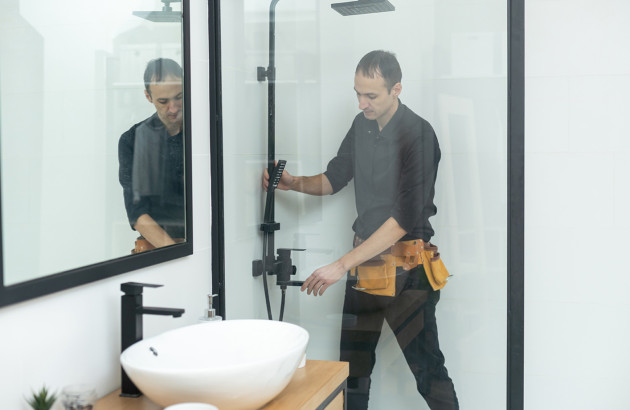 Homme avec des outils qui intervient sur une colonne de douche dans une douche à l'italienne