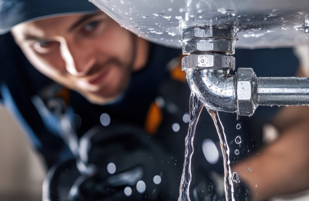 Homme qui constate que l'eau fuit par le dessous du lavabo
