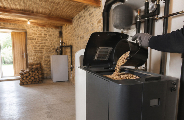 Professionnel versant des granulés de bois dans le réservoir d’une chaudière à pellets installée dans un local technique.
