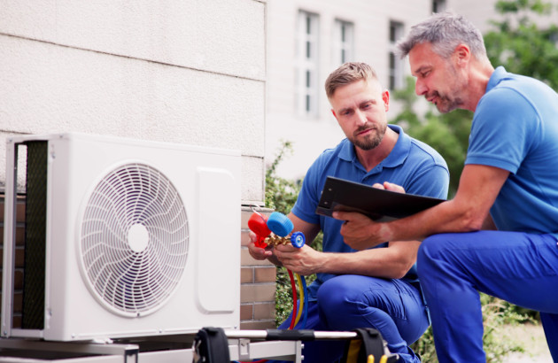 Techniciens installant une pompe à chaleur air-air avec vérification du circuit frigorifique.