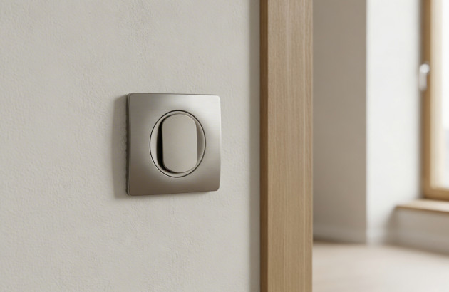 Interrupteur mural design installé hors zone humide dans une salle de bains conforme aux normes électriques.