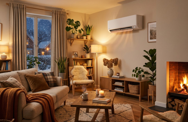 Salon d'une maison en hiver qui bénéficie de l'air chaud de la pompe à chaleur air-air