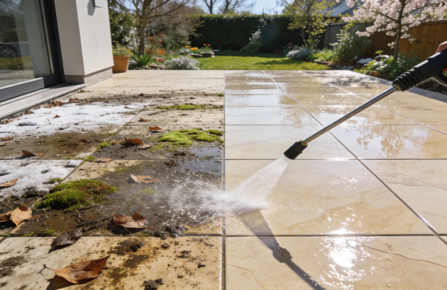 Nettoyage de carrelage extérieur salle avec un nettoyeur haute pression