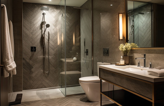 Belle salle de bain ambiance luxueuse avec grande douche de plain pied