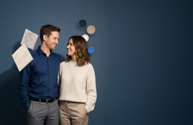 Un couple souriant se regarde devant un mur bleu foncé, entouré d'échantillons flottants de carrelage effet pierre et de pastilles de couleurs bleues et beiges, symbolisant la conception d'un intérieur.