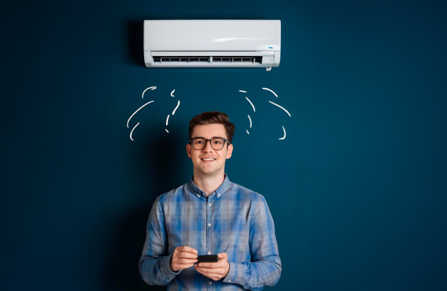 Homme utilisant une télécommande sous une climatisation murale dans un intérieur moderne.