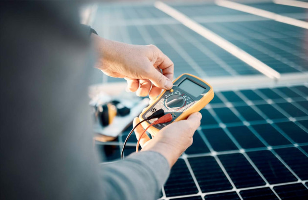 Personne qui mesure la puissance d'une installation de panneaux solaires