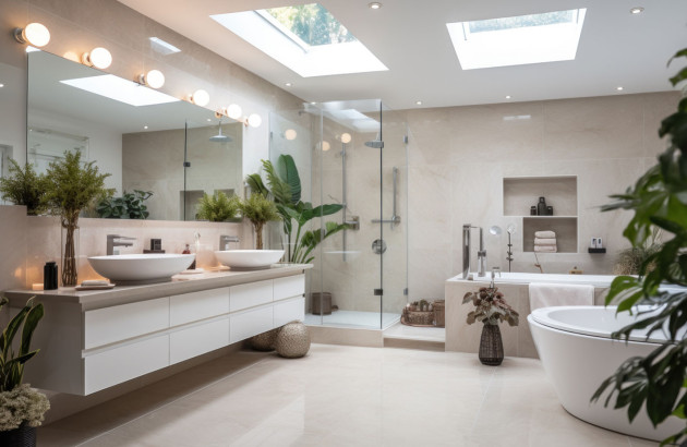 salle de bains contemporaine avec douche à l'italienne, baignoire îlot, puits de lumière et plantes vertes
