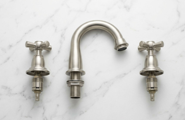 Ensemble de robinet trois trous en finition inox brossé présenté sur un fond en marbre blanc.