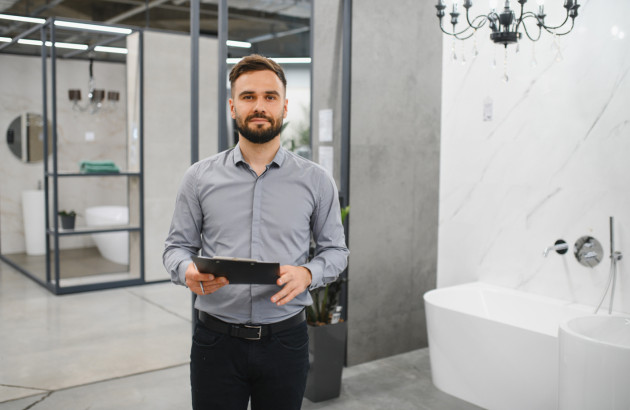 Conseiller en showroom salle de bains accompagnant un client dans son projet de douche.