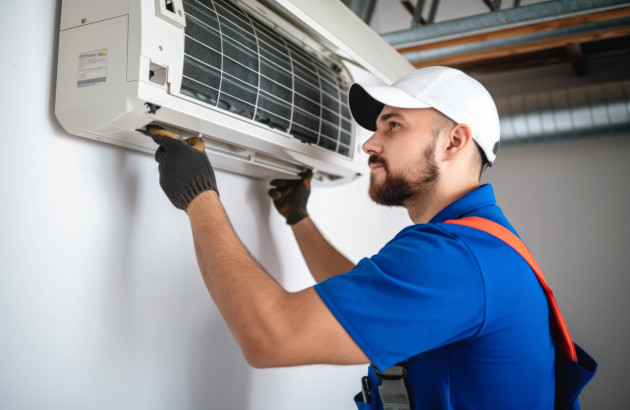 Installateur fixant une unité intérieure de climatisation murale pendant une opération d’installation ou d’entretien.
