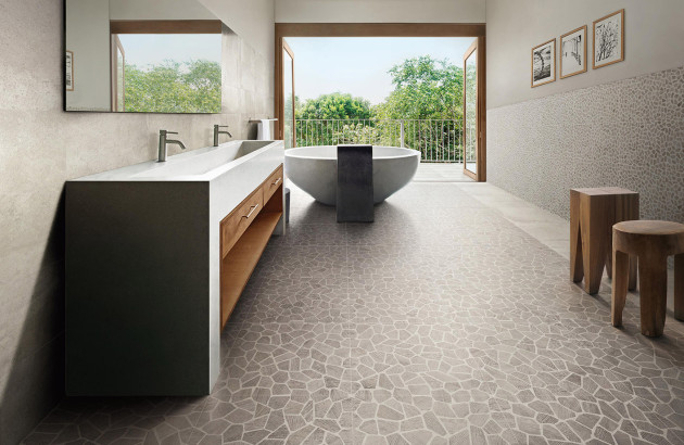 Ambiance de salle de bains avec carrelage BITS & PIECES par CERAMICHE PIEMME