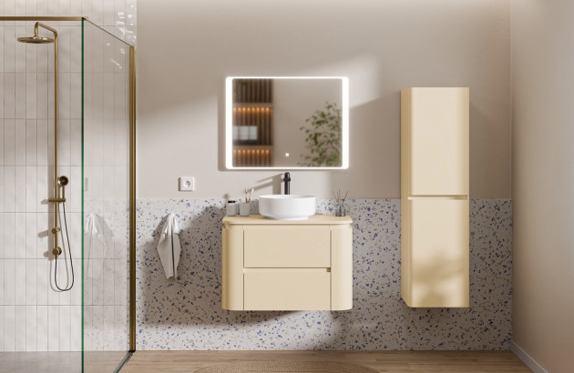 Meuble de salle de bain simple vasque suspendu avec colonne d'une teinte beige clair