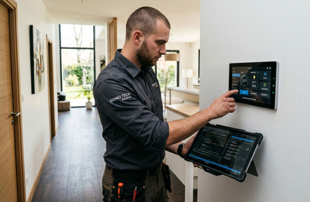 Technicien qui programme une domotique pour une autoconsommation solaire