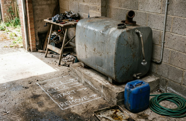 Ancienne cuve à fioul dans un local technique, prête à être vidangée et retirée.