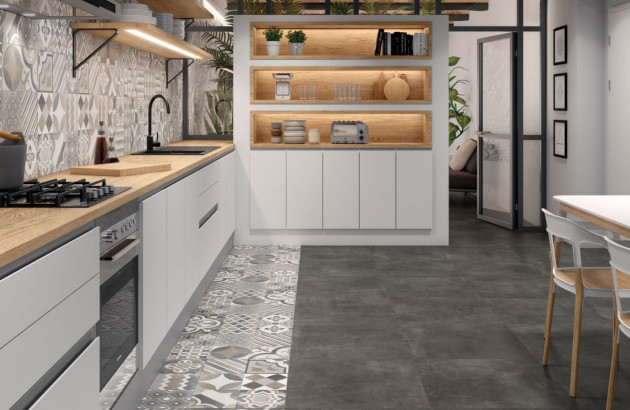 Carrelage carreaux de ciment dans une belle cuisine moderne