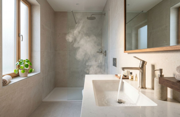 Salle de bains moderne avec robinet où de l'eau chaude coule