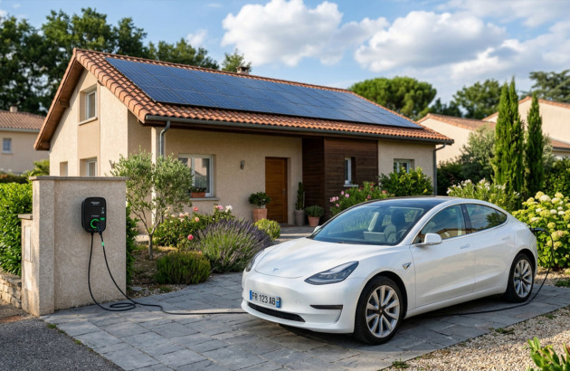 Tesla qui recharge devant une maison avec des panneaux solaires