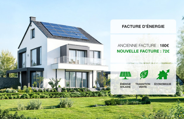 Maison moderne équipée de panneaux photovoltaïques, avec une illustration comparant les factures d’énergie avant et après installation.
