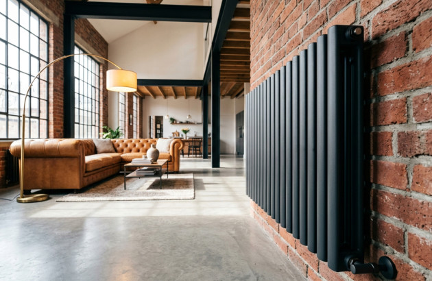 Radiateur noir vertical installé sur un mur en briques dans un loft industriel contemporain.