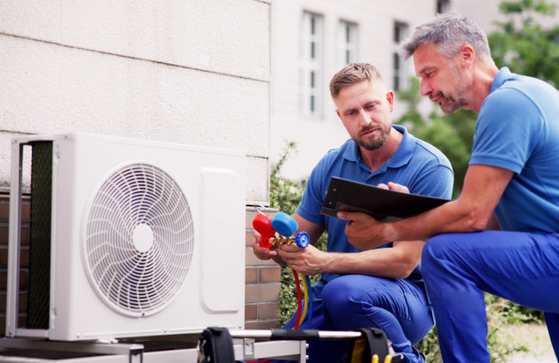 Deux techniciens installent et vérifient une unité extérieure de climatisation lors d’une intervention de maintenance.