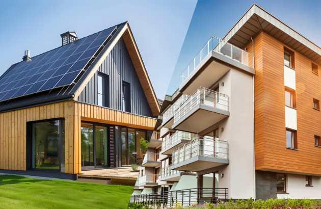 Visuel comparant une maison individuelle équipée de panneaux solaires et un immeuble résidentiel contemporain avec balcons.