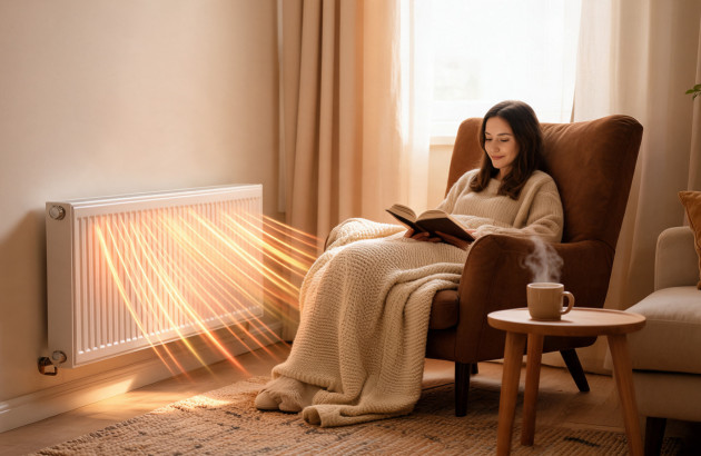 Femme qui lit un livre assis sur son siège devant son radiateur