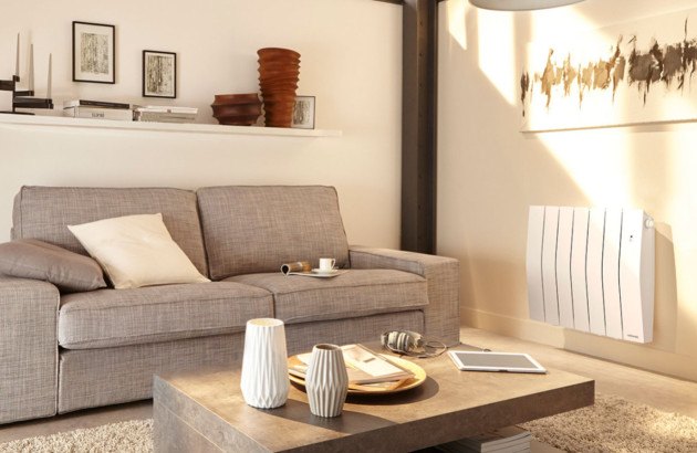 Salon de maison avec canapé, table basse et radiateur