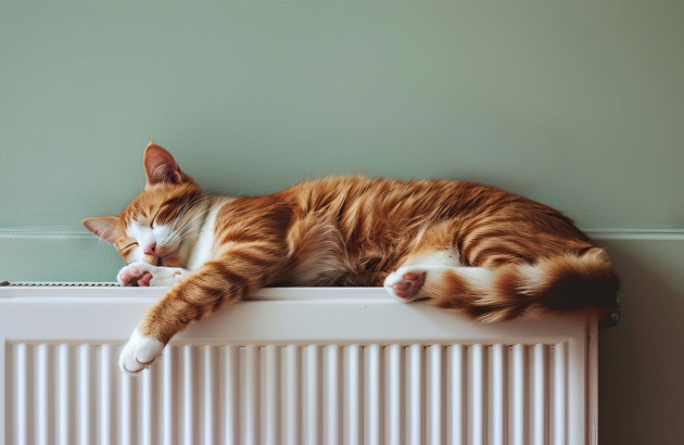 Chat mignon qui dort sur un radiateur blanc 