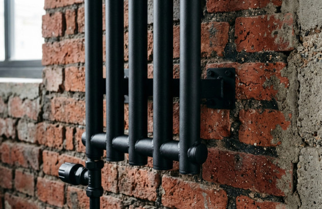 Détail d’un radiateur tubulaire noir fixé sur un mur en briques apparentes.