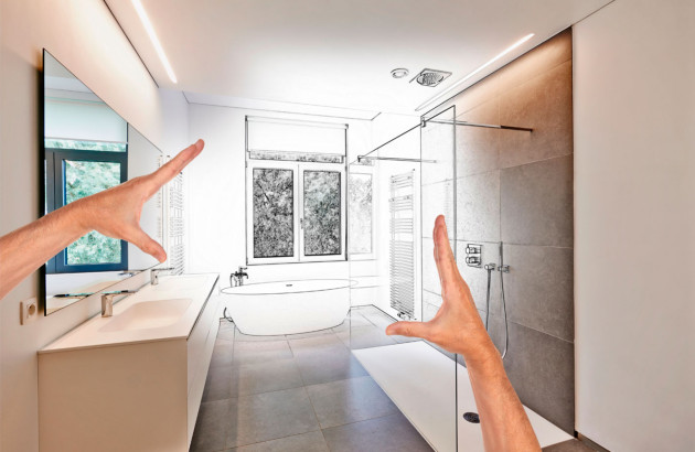 Salle de bain transition plan / photo avec des mains