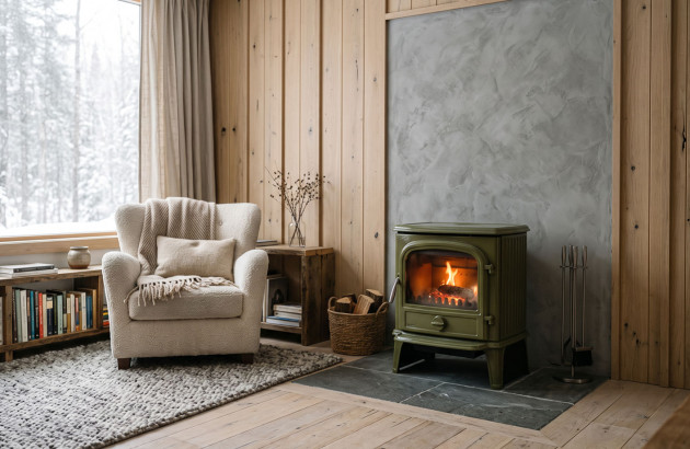 Salon avec du bardage en bois et un poêle à bois vert en fonctionnement par un hiver froid