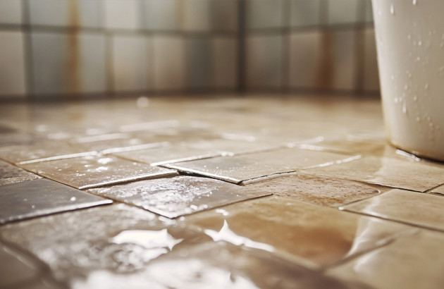 Carreaux de carrelage plein d'eau dans une salle d'eau, infiltration