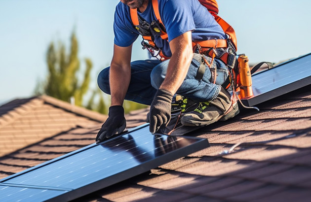 Installateur posant un panneau photovoltaïque sur le toit d'une habitation