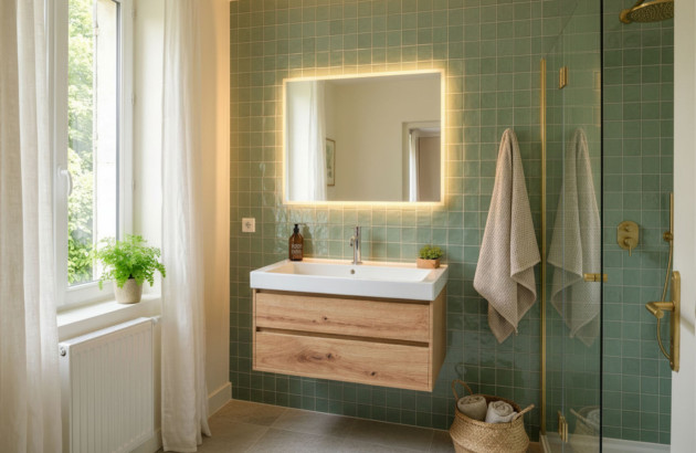 Salle de bains avec carrelage vert, meuble en bois et douche vitrée