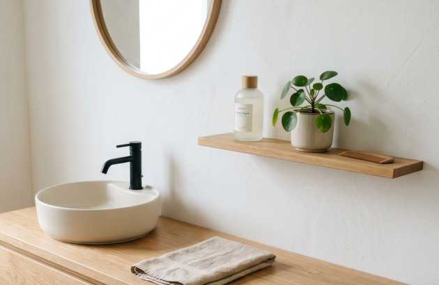 Vasque à poser blanche sur meuble en bois avec robinetterie noire et étagère minimaliste.