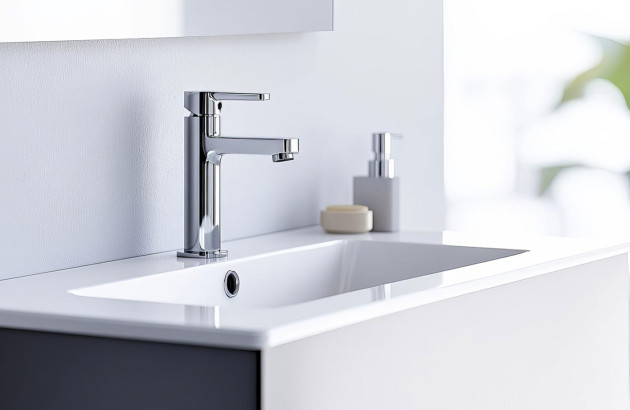 vasque de salle de bain blanche encastrée avec un robinet chromé moderne