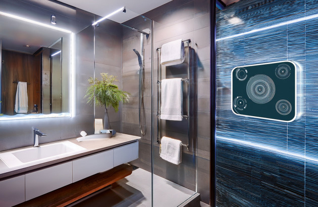 Salle de bains avec douche et mirroir du futur