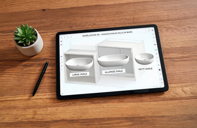 Tablette avec présentation de différentes dimensions de vasques à poser