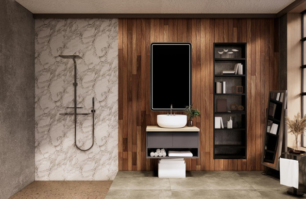 salle de bain moderne combinant un mur en carrelage imitation marbre avec douche à l'italienne et un meuble-lavabo et un miroir