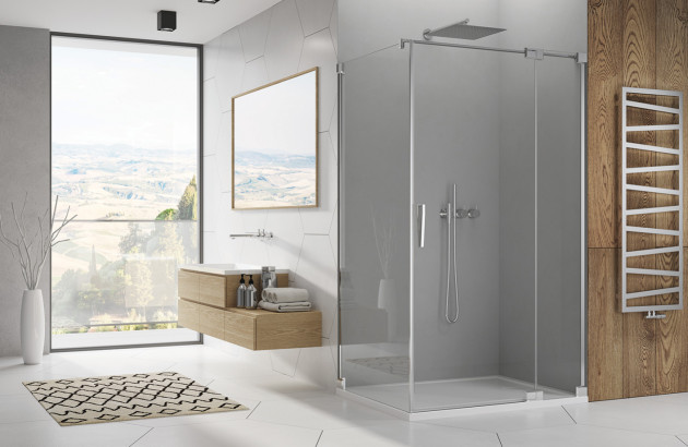 Salle de bains moderne et lumineuse avec colonne de douche encastrée