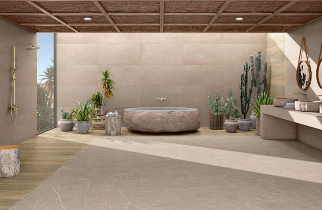 salle de bain d'inspiration désertique ou Wabi-Sabi avec une baignoire ronde en pierre au centre et une collection de cactus et plantes grasses